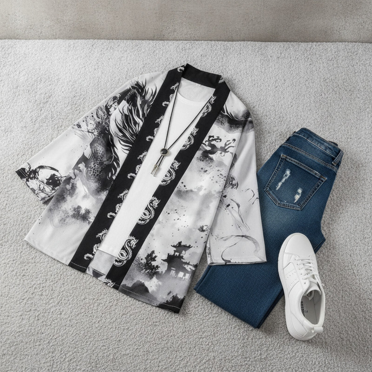 Kimono Unisexe Dragon Noir & Blanc - Style Japonais Streetwear