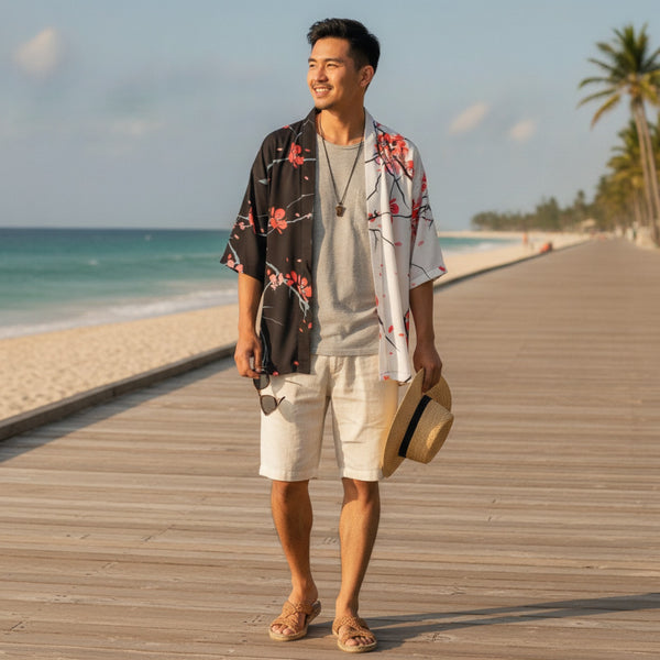 Kimono Japonais Rétro Fleuri Color-Block - Polyvalent Été & Plage