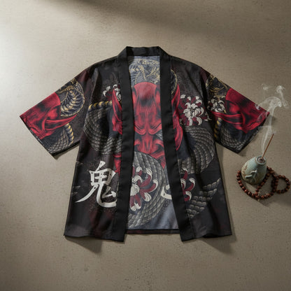 Cardigan Homme Style Japonais Harajuku avec Motif Serpent et Masque Oni - Vêtement Streetwear pour Cosplay